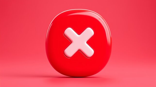 Red button with a white X mark icon. Cancel, close, or delete symbol. Minimal 3d rendered object representing an error or wrong choice
