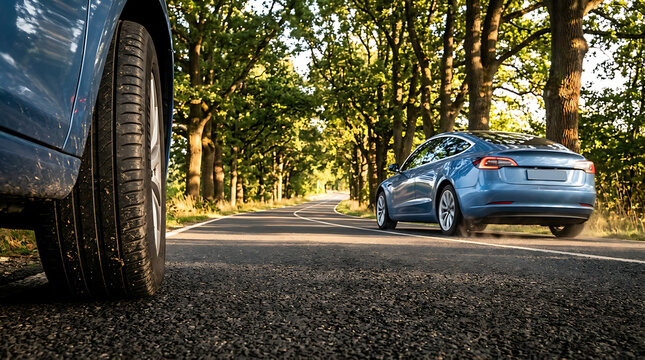 Elegant electric vehicle parked on a winding forested road during golden hour with lush trees and soft sunlight creating a