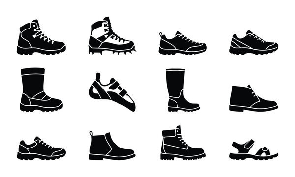 Footwear Collection: Hiking Boots, Sneakers, Climbing Shoes, Boots, Sandals Vector Icons