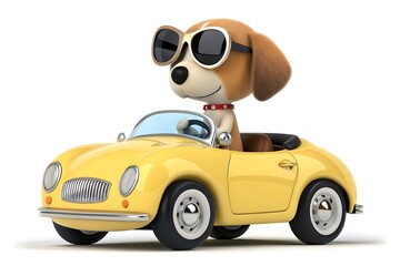Obraz premium Cartoon dog wearing sunglasses driving a yellow convertible car