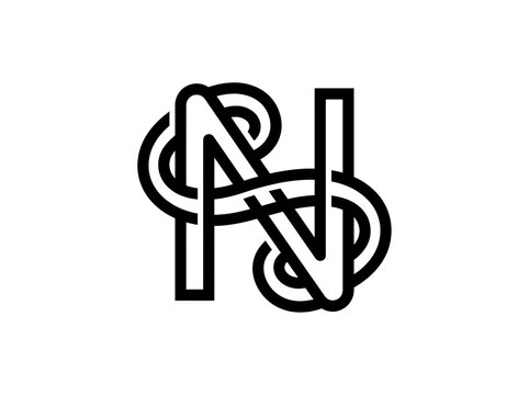 Minimalist letter N monogram logo, black interlaced line art symbol, modern geometric typography icon for corporate branding