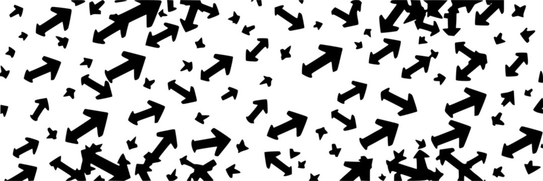 Arrows set with chaotic arrangement featuring direction, movement, randomness, minimalism with black and white and vector