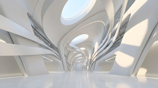 Abstract futuristic interior with curved architectural structures and soft natural light in a modern building