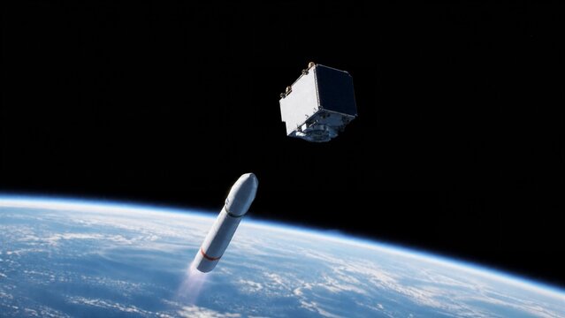 Satellite Deployment from Rocket: A modern satellite is being deployed from a rocket as it ascends into Earth's orbit.