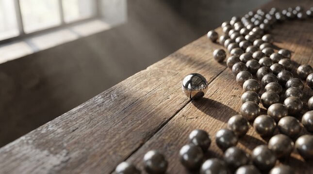 Shiny chrome ball rolling apart from a group of dull balls