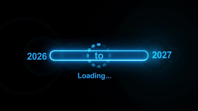 Animated neon loading bar transitioning from 2026 to 2027 with glowing progress indicator and alpha channel, ideal for New Year countdown and celebration overlays