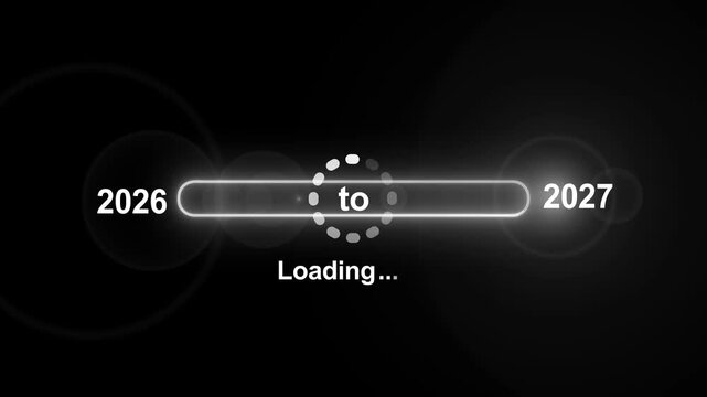 Animated neon loading bar transitioning from 2026 to 2027 with glowing progress indicator and alpha channel, ideal for New Year countdown and celebration overlays