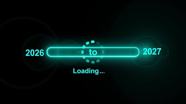 Animated neon loading bar transitioning from 2026 to 2027 with glowing progress indicator and alpha channel, ideal for New Year countdown and celebration overlays
