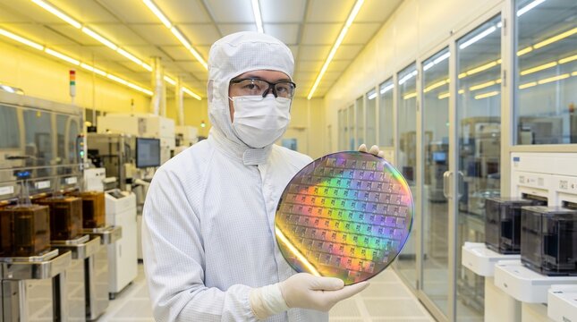 Engineer holding silicon wafer in semiconductor cleanroom laboratory