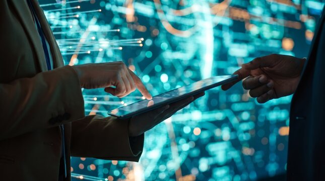 Colleagues pointing at tablet screen