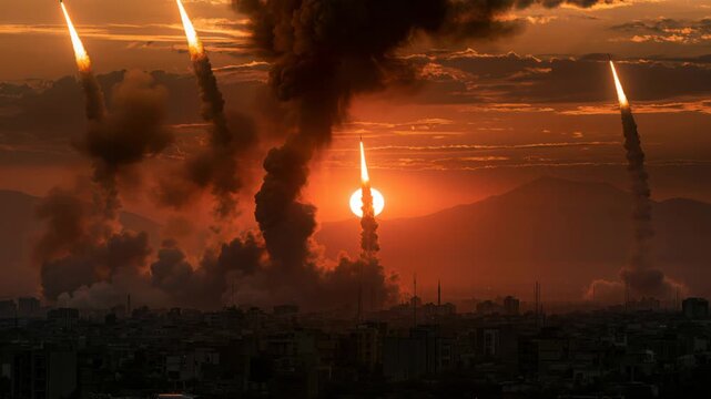 Missiles launched during sunset in a city with mountains in the background