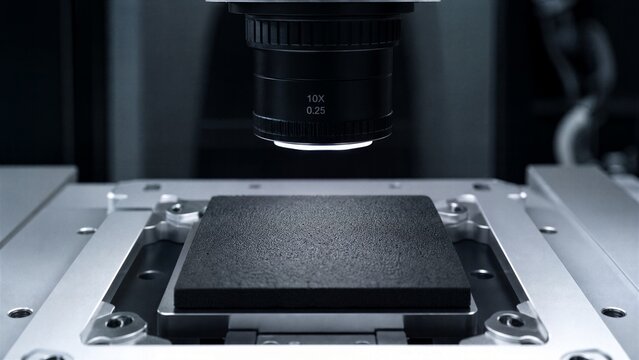 Precision Inspection: A high-tech industrial camera with a macro lens inspects a dark, square component mounted on a precision platform.