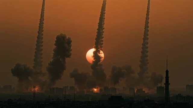 Rocket launches at sunset with clouds and sun in the background