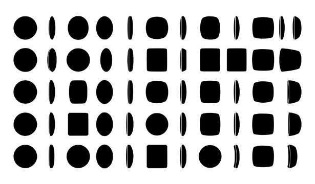 Geometric shape rotation sprites and coin flipping animation sequence icons set vector black silhouettes for game graphic design