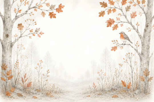 Hand Drawn Autumn Woodland Watercolor Background with Forest Trees, Red Leaves and Mushroom