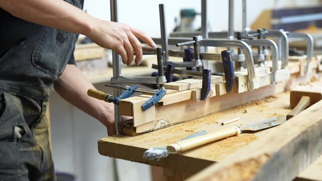 Professional man restorer adjusting clamps tool fixation on wooden board at workbench in woodshop, handicraftsman working with carpentry instruments while gluing wooden plank at worktable in studio.