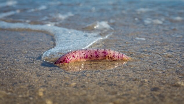 A vibrant purple sea cucumber washed ashore on sandy beach with gentle waves