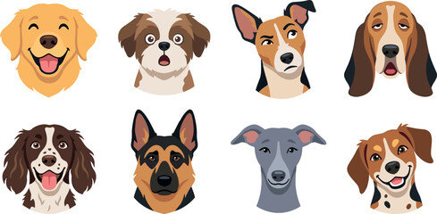 Fototapeta premium Cute Dog Faces and Breed Portraits Vector Set with Different Facial Expressions for Pet Lovers, Graphic Design, Avatars, and Children Book Illustrations