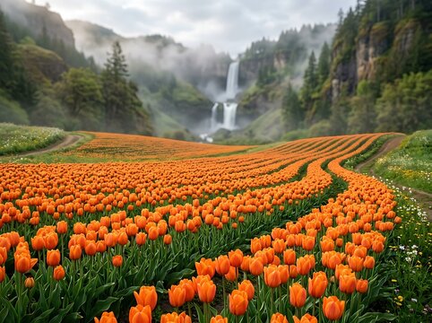 A breathtaking vista unfolds showcasing a vibrant field of orange tulips gracefully positioned before a majestic waterfall cascading down a lush forested mountain
