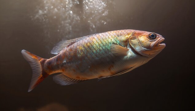A vibrant fish swimming gracefully underwater, showcasing its iridescent scales against a dark background