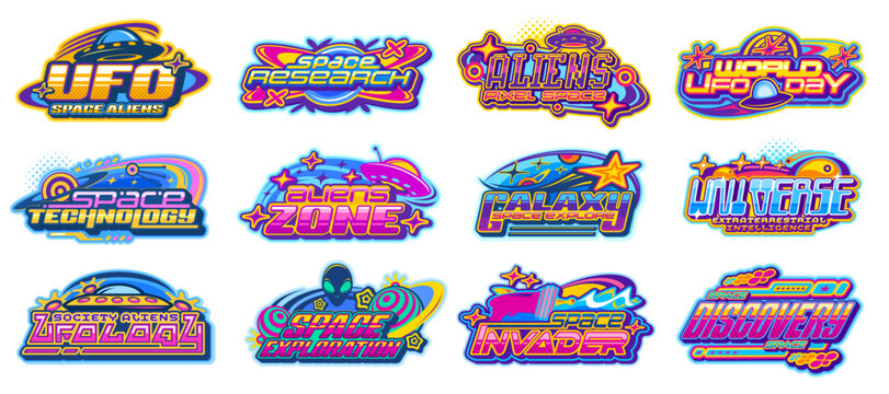 Retro Y2K space galaxy universe element icons of alien UFO spaceship, vector set. Y2K neon acid color icons of abstract space invader quote, galaxy planets and stars in sky with martian UFO technology