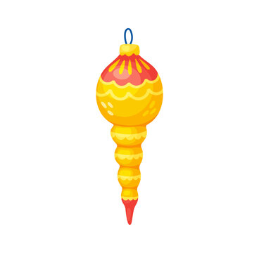 Christmas bauble icicle ornament for winter holiday and Xmas tree decoration, cartoon vector icon. Golden icicle bauble with festive ornament for Christmas tree toy decor and New Year greeting