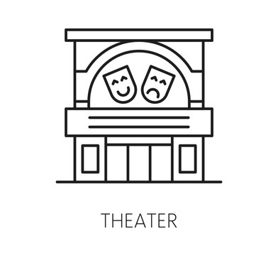 Theater building icon, entertainment architecture or public infrastructure and construction pictogram. Drama theater or musical theatre with comedy and tragedy masks for city building thin line icon