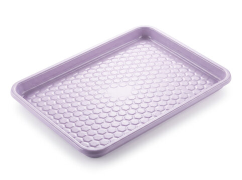 A honeycomb non-stick baking tray captured at a 45 degree angle, soft lavender enamel finish, isolated on white background.
