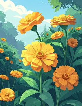 Vibrant yellow marigold flowers blooming in a lush garden vector illustration