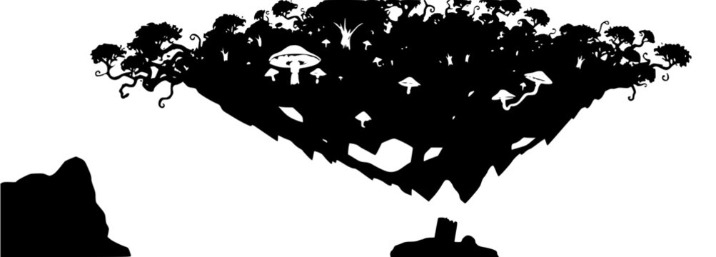 Floating island set with surreal landscape featuring twisted trees, glowing mushrooms, stone ruins with moss and chiaroscuro lighting and isometric perspective