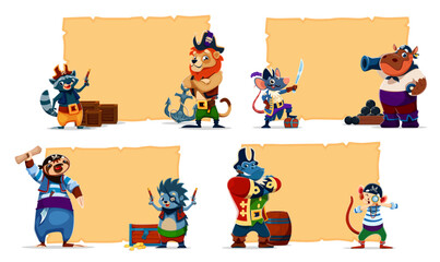 Fototapeta premium Cartoon cute pirate animal characters with parchment banners. Raccoon, lion, monkey and sloth, hedgehog, gorilla, hippo and mouse sea corsairs with old scroll backgrounds for Caribbean marine party