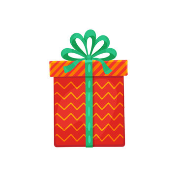 Christmas gift box with ribbon for winter holiday Santa present, cartoon vector icon. Gift box with green ribbon bow in red wrapper for New Year giftbox and Christmas holiday greeting decoration