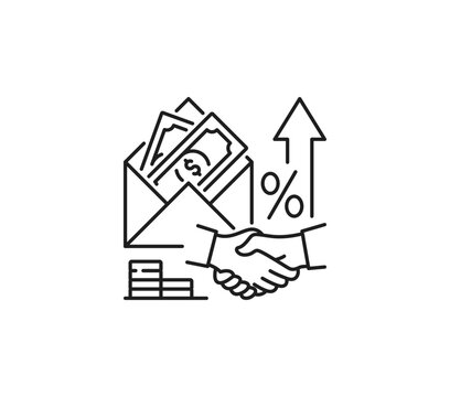Handshake seals deal icon with cash filled envelope, coin stack and rising percentage arrow. Black outline financial agreement icon for investment growth articles and partnership presentations