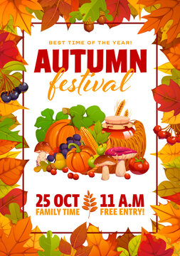 Autumn festival flyer, fall season event poster with forest tree leaves and harvest. Festive autumn poster with pumpkins, corn, mushrooms, honey jar and berries for Thanksgiving and seasonal events