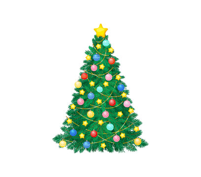 Christmas tree with decorations baubles and stars for winter holiday, cartoon vector icon. Pine or fir tree decorated with Xmas ornaments and golden tinsel for New Year and Christmas holiday greetings