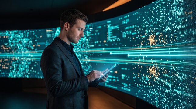 Businessman operating artificial intelligence tablet