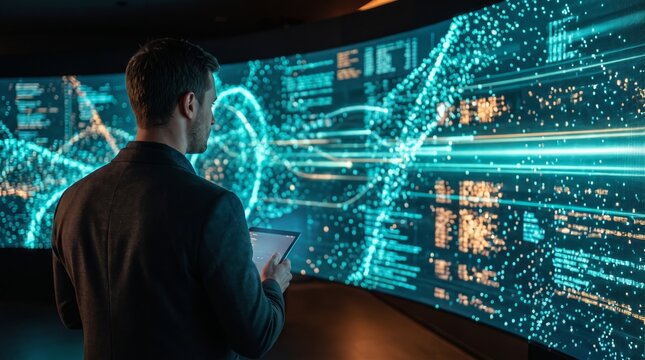 Man viewing artificial intelligence data wall