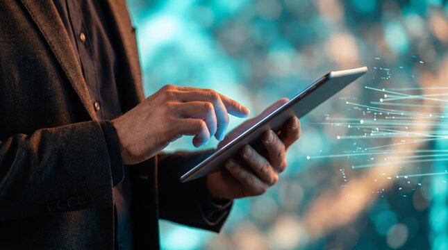 Man using tablet amid data lights