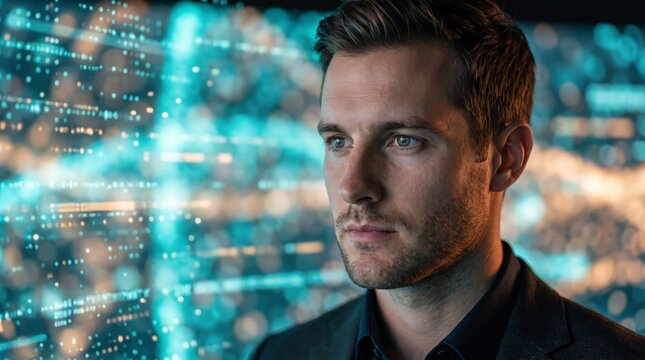 Businessman contemplating digital data streams