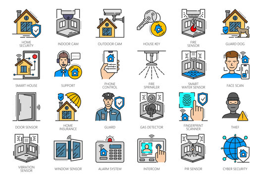 Home security and safety technology color line icon or sign. House protection line vector symbol, home security service icon with camera, guard dog, safety sensors and smart system access scanners