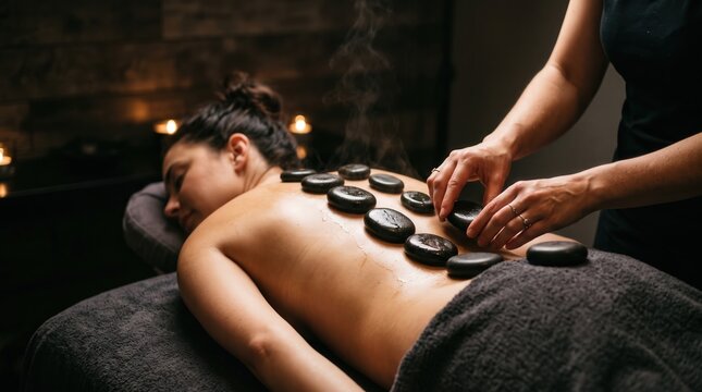 Professional therapist performing hot stone massage on a woman in a spa, featuring steam and volcanic basalt stones for stress relief and holistic healing in luxury wellness marketing.