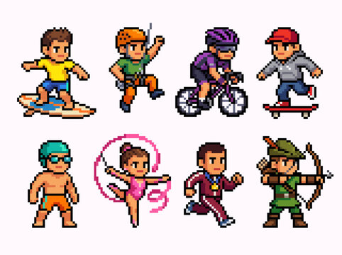 This lively pixel-art image features diverse characters enjoying different sports activities, representing energy, youth, and the joy of an active lifestyle.