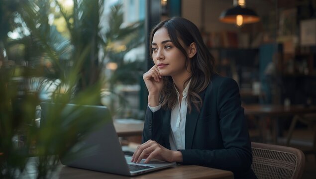 Focused young businesswoman with laptop deep in thought at a cafe surrounded by greenery