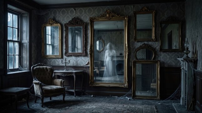 Ghost in a dark abandoned room surrounded by antique mirrors, creating a spooky Halloween scene with haunted house, supernatural horror and eerie atmosphere