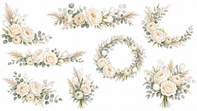 Watercolor white rose and peony floral illustration set with pampas grass. Clipart collection of cream flower bouquets and wreaths isolated on white. Botanical elements for wedding invitations