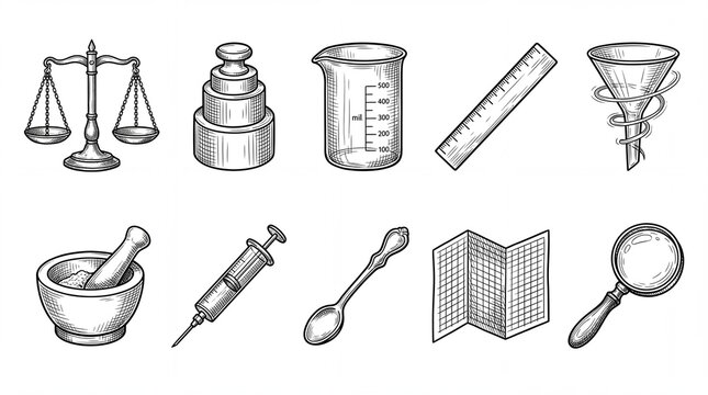 Vintage science laboratory equipment icons, hand drawn chemistry apparatus set, retro medical research tools on white background