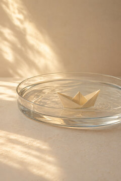 Origami paper boat floating in clear water under sunlight
