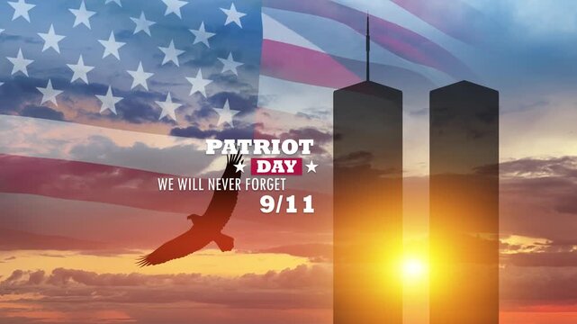 Silhouette of Towers with soaring eagle and USA flag at sunset. 09.11.2001 American Patriot Day. Video with inscription.