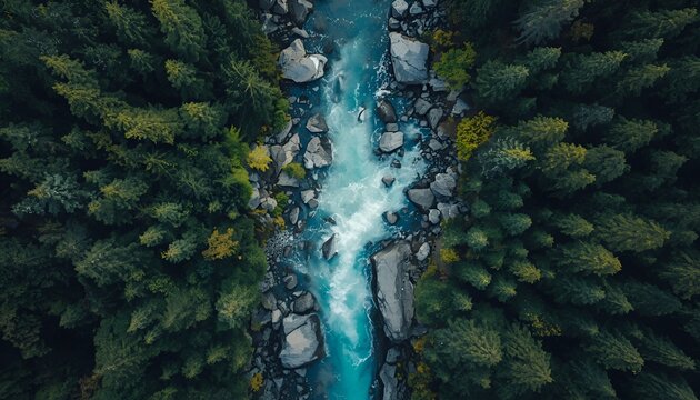 Aerial Top-Down View of Glacial River Flowing Through Lush Norwegian Forests, Dramatic Natural Landscape with Turquoise Water and Nordic Wilderness