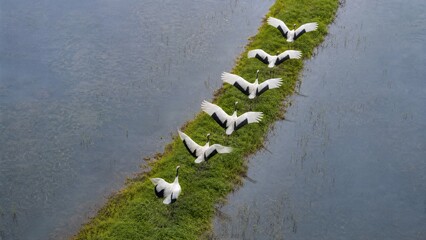 Fototapeta premium Red-crowned Crane Flock in Flight Formation